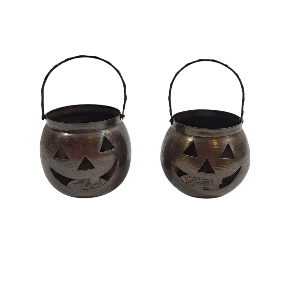 Vintage Hosley Jack O Lantern Votive Metal Candle Holders Set Of 2